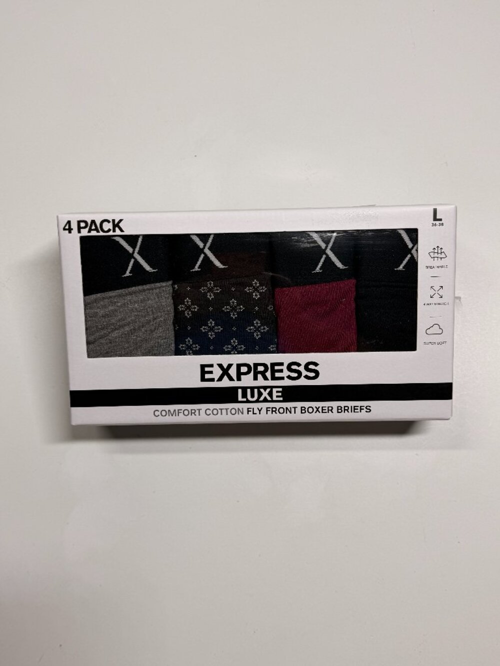 NWT Express Luxe Comfort Cotton Boxer Briefs - Large - Multi Colors - 4 Pack